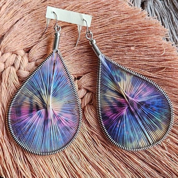 Large Teardrop Dangling Multicolor String Wrapped Earrings - Picture 2 of 14